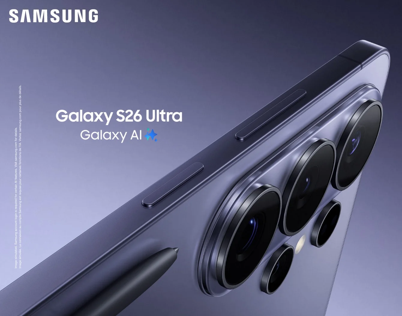 A silver Galaxy S26 on a blue background next to the words "Galaxy AI" in white and "Preorder now".