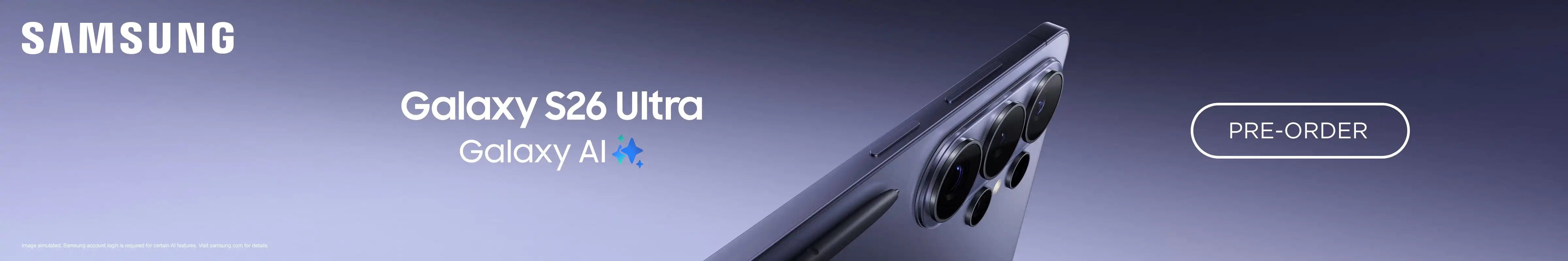 A silver Galaxy S26 on a blue background next to the words "Galaxy AI" in white and "Preorder now".